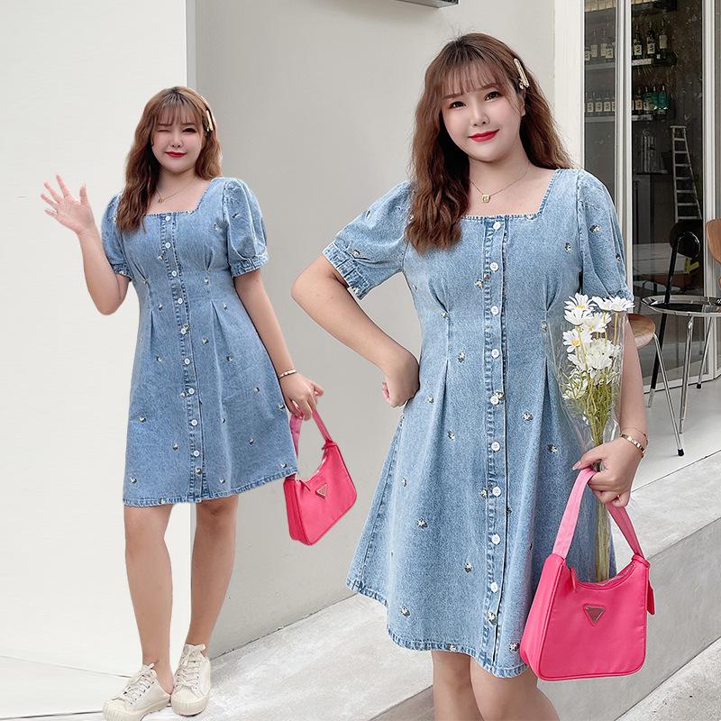 

Plus Size Dresses Women Casual Long Dress Square Collar Short Sleeve Solid Color Temperament Denim Embroidery Floral Korean Fashion Style Ve, Blue