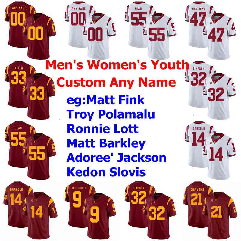 

Custom USC Trojans College Football Jerseys Kids Youth Marcus Allen Jersey Clay Matthews Matt Fink Troy Polamalu Ronnie Lott Red Stitched, Men's white