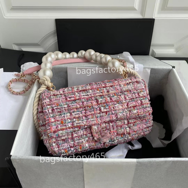 

7A top new designer luxury womens bag autumn and winter woolen pearl bag sequins one shoulder messenger classic brand sweet fashion original chain large capacity, Box