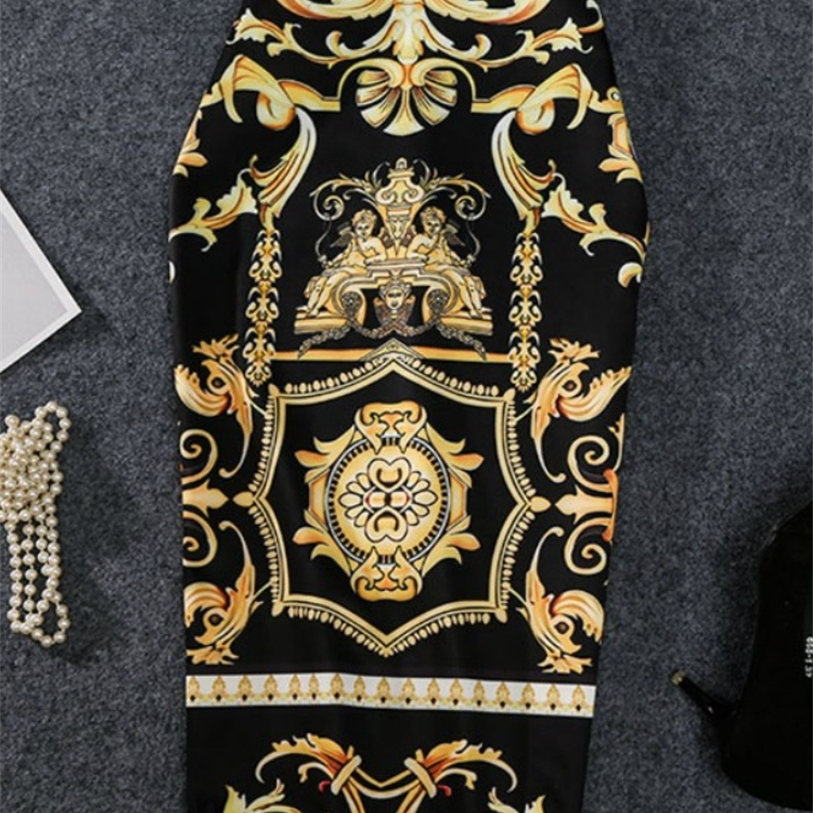 

-Coming European Women Summer Print Pencil Skirt High Stretch Abstract Pattern Midi Slip Hip Female 220418, Black