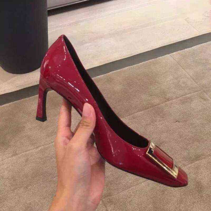 in Spring and Summer of 2022, Rv Take the Style Square Button Banana Heel Shoes, Medium , Thin Black Head