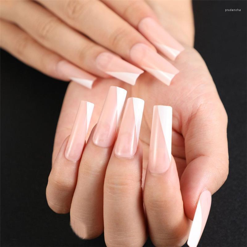 

False Nails 24Pcs/Set French Coffin Fake Nude Color Ballerina Manicure Patches Press On Long Wearable Art Tips Prud22, 01