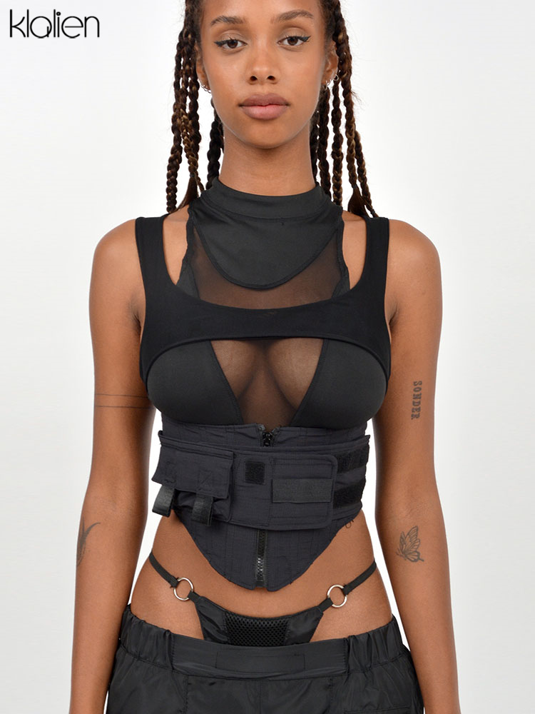 

2022 Spring Summer New Sexy Cool Moto Tank Top Women Y2K Streetwear Wild Solid Black Patchwork Crop Top Female Vest