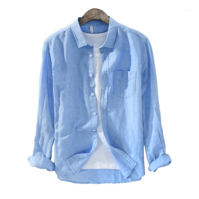 

Men's Linen Shirts Cooton Solid Long Sleeve Pockets Design Breathable Clothes Comfortable Casual Regular Fit Beach Shirt For Men, Blue