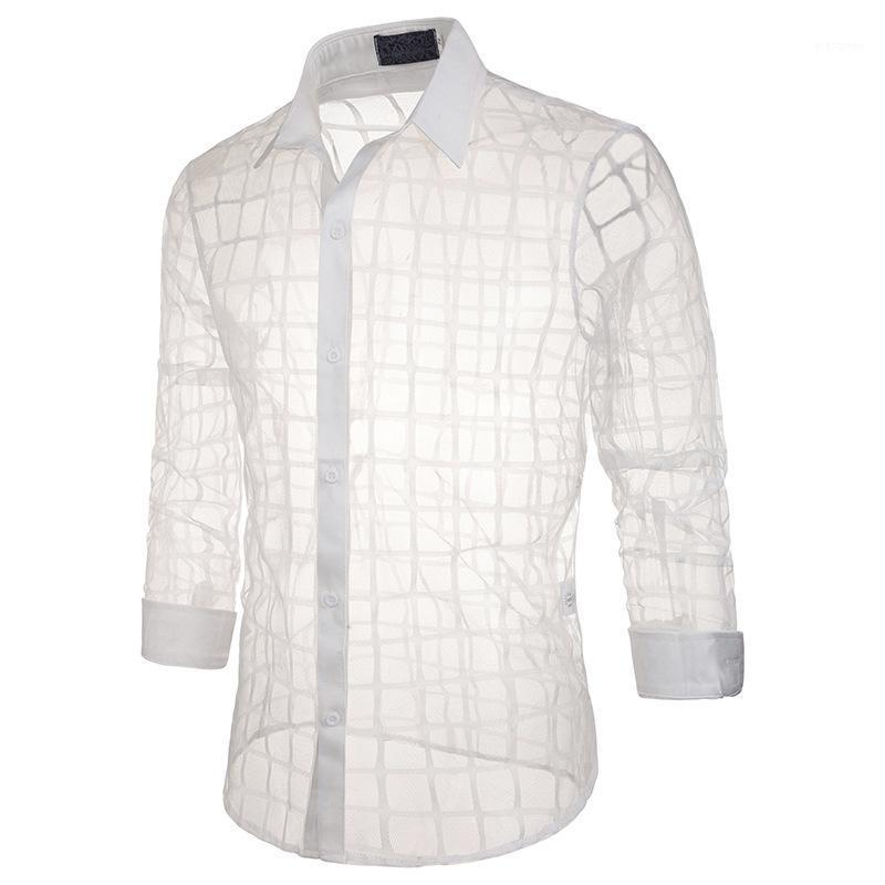 

Men Chemise Homme Autumn Winter Stage Style Lace Transparent Plaid Men' Lapel Long Sleeved Shirt Blouses Et Chemises Casual Shirts, Black