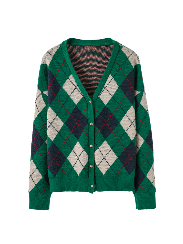 

Rhombic Lattice Patterned Cardigan Women Fashion Winter Sweater Autumn Loose Casual Knitwear Cardigan Muje, Green