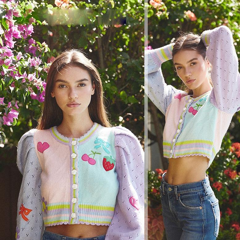 

Women' Knits & Tees INSPIRED Cropped Cardigan Fruit Embroidery Long Sleeve Sweet Women Buttons Scalloped Hem Girl Winter Sweater, Multi