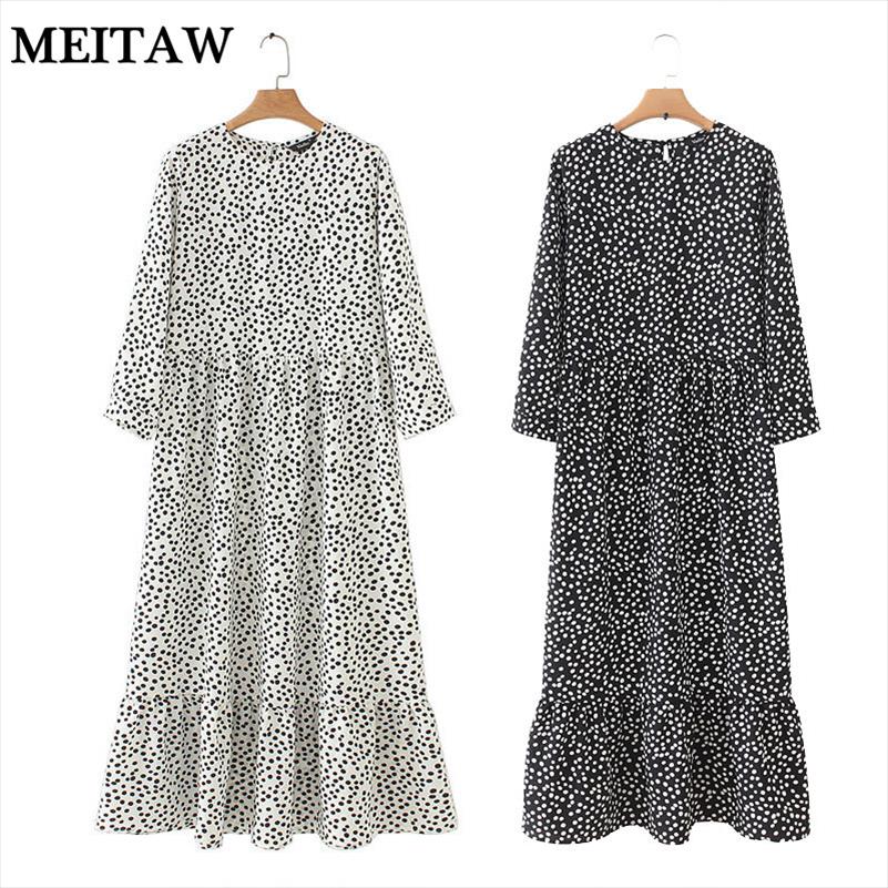 

Summer Women Elegant Pleated Maxi Dress Casual O-neck Three Quarter Sleeve Long Retro Dot Printed Party Dresses, 1011black