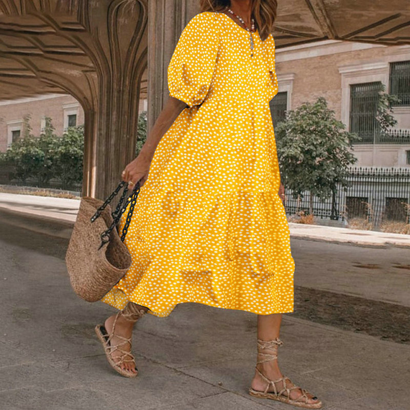 Robe d'été mi-longue à manches lanternes, col rond, grande robe pour femmes, jaune à carreaux, loisirs, mode rose pour femmes, jupes
