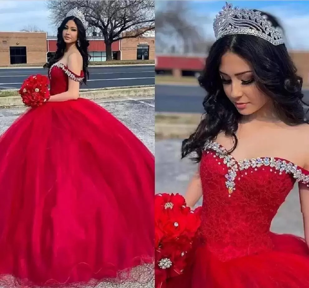 

2022 Red Quinceanera Dresses Off The Shoulder Lace Beaded Crystals Tulle Princess Formal Pageant Gown Sweet 16 Birthday Party Ballgown Floor Length vestidos, Green