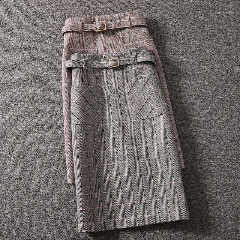 

Skirts Autumn Winter High-waisted Skirt With Belt 2022 Woolen Pockets Long Slit Waistband Woman Mujer Faldas Saias Mulher, Red