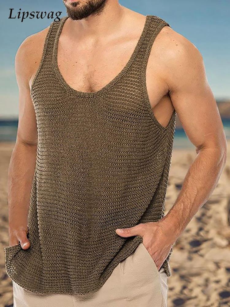 

Men' Tank Tops Summer Men Casual Solid Color Knitted Loose O Neck Sleeveless Top Pullovers For Mens Fashion Vest StreetwearMen, 02 brown