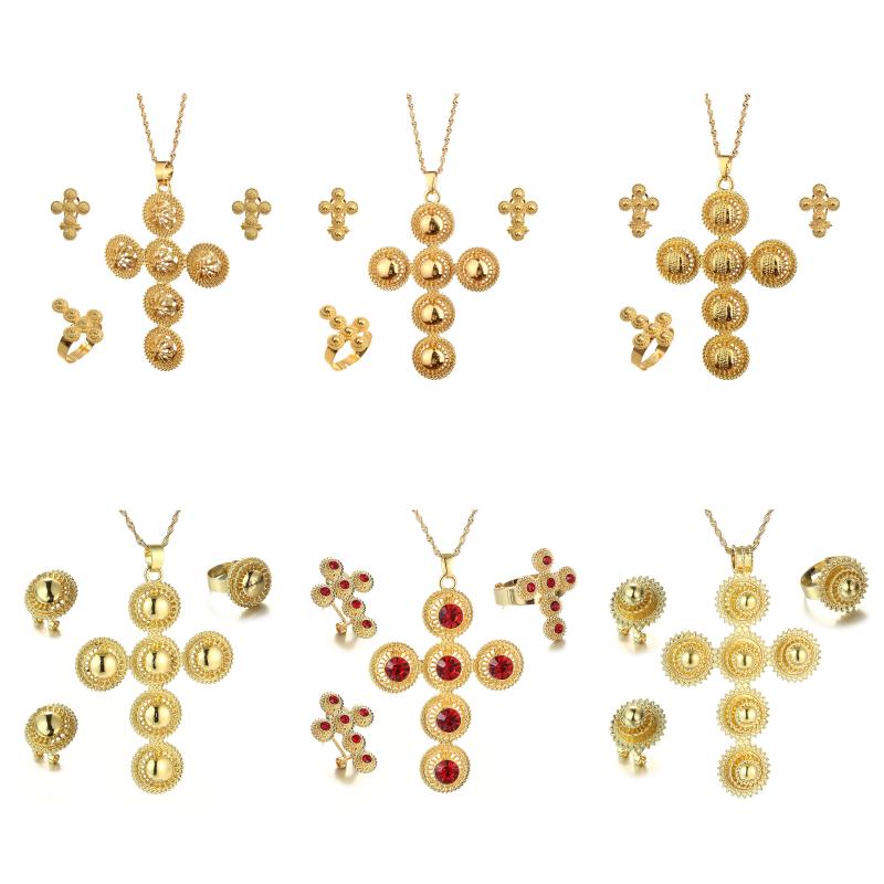 

Earrings & Necklace 3Pcs Various Pattern Ethiopian Cross Ring African Bridal Habesha Eritrea Dubai Gold Color Wedding Jewelry SetsEarrings, As pic