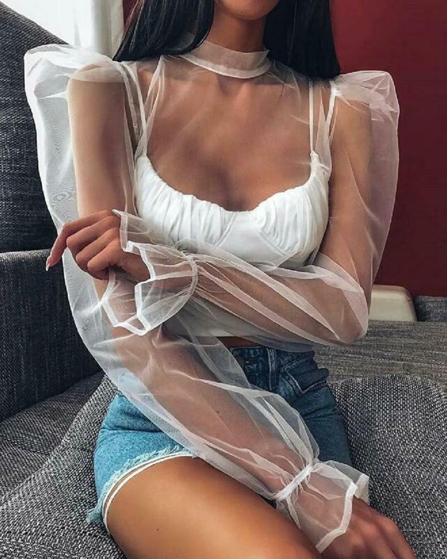 

Women' Blouses & Shirts Summer Women Sexy Vintage Mesh Sheer Top Long Puff Sleeve Casual See-through Shirt Ruffled Club Blouse, As pic