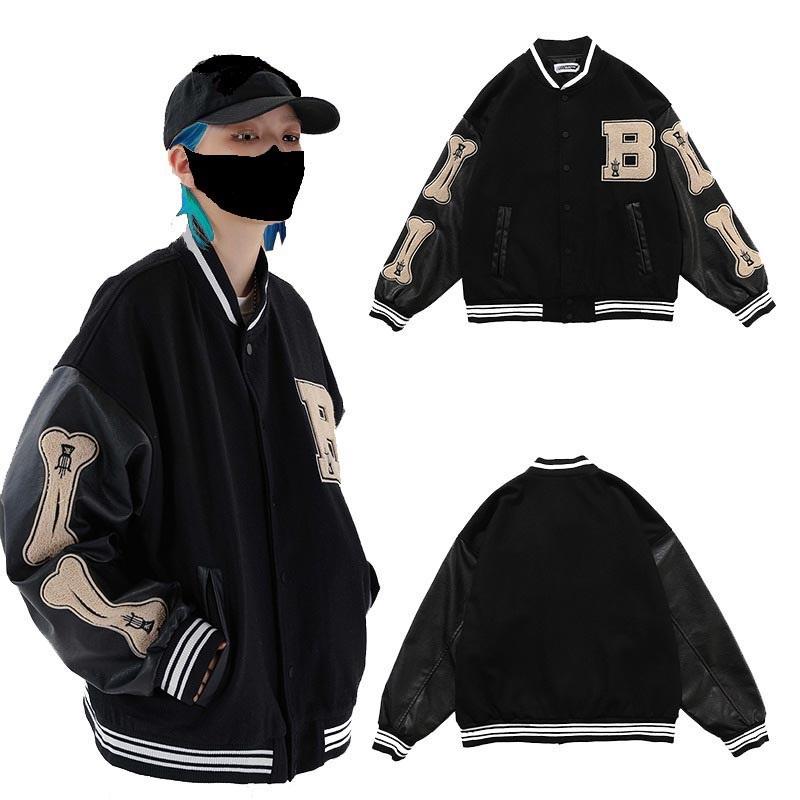 

Men's Jackets Men Autumn High Street Hiphop Flocking Baseball Uniform Couple Jacket Women Streetwear Stitching Coat Unisex -40, Black