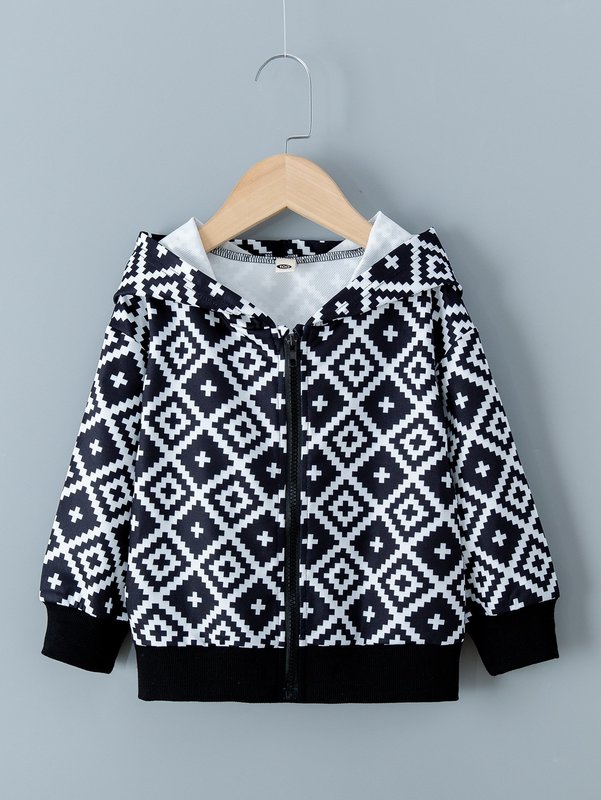 

Toddler Boys Geo Print Hooded Jacket SHE, Black and white