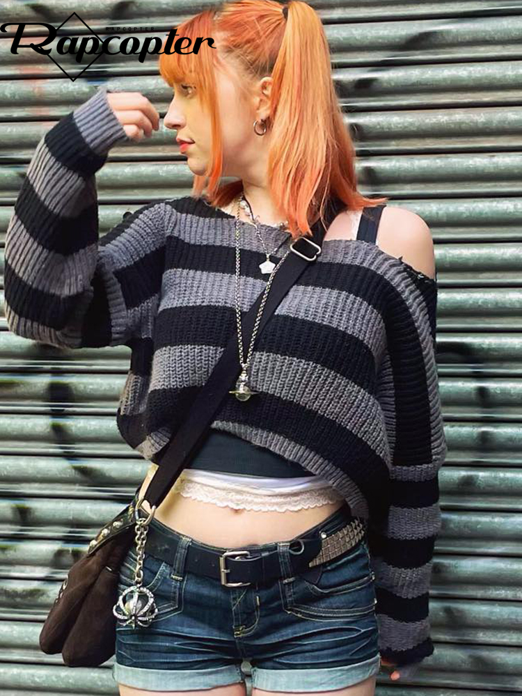 

Rapcopter Y2K Striped Knitted Jumpers Full Sleeve Loose Women Sweaters Slash Neck Autumn Winter Knitwear Prepply Korean Pullover 220816, Black