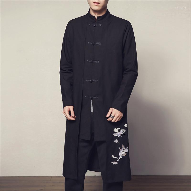 

Men's Trench Coats Men Long Jackets 2022 Spring Mens Printed Linen Coat Male Chinese Style Fake 2 Pieces Cardigan Kimono Windbreaker -5XL V, Black