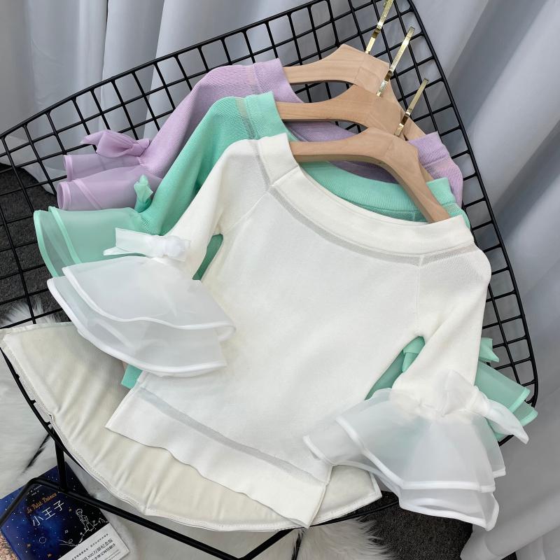 

Women' T-Shirt Organza Ruffles T Shirts Women Flare Sleeve Knitted Sweater Cute Girls Big Knit TopsWomen, White