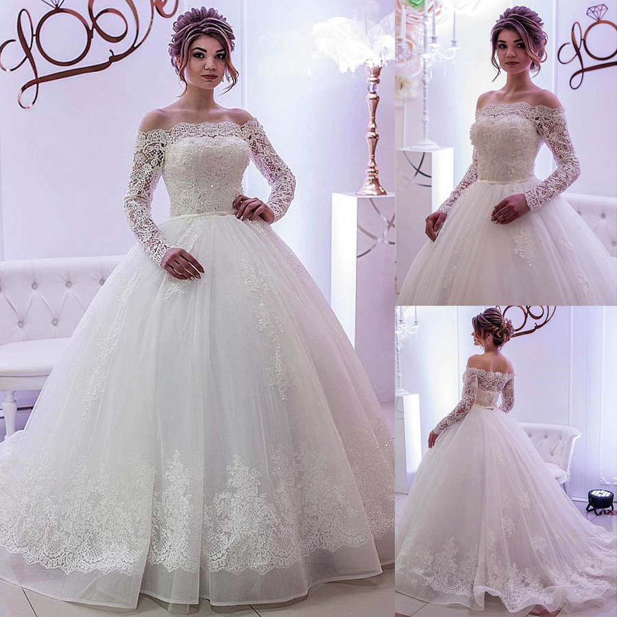 

Elegant Tulle Off-the-shoulder Lace applique Ball Gown Wedding Dresses Long Sleeves Crystals Bridal Gown abiti da sposa, Black