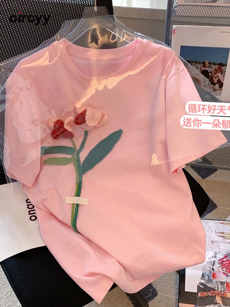 

Women' T-Shirt Circyy Women Tshirts Pink Tulip Appliques Simple Summer Short Sleeve O-Neck Top Loose 2022 Girl Sweet Clothe Y2k T-shirtsWom