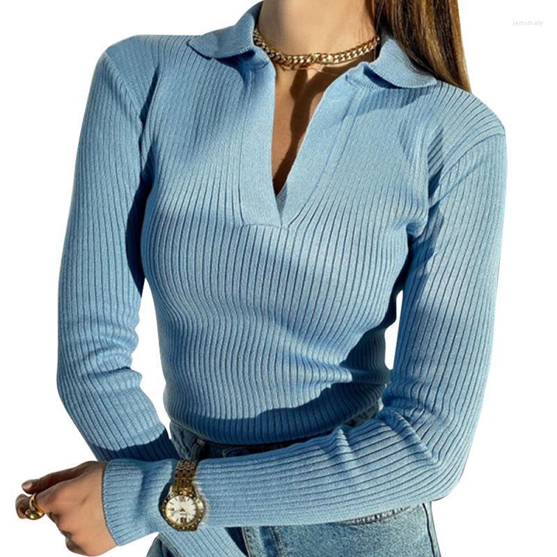 

Women's Sweaters Long Sleeve Lapel V Neck Solid Color Knitted Pullover Womens Rib Knit Tops Female Casual Slim Fit T-ShirtsWomen's Jemi22, Green