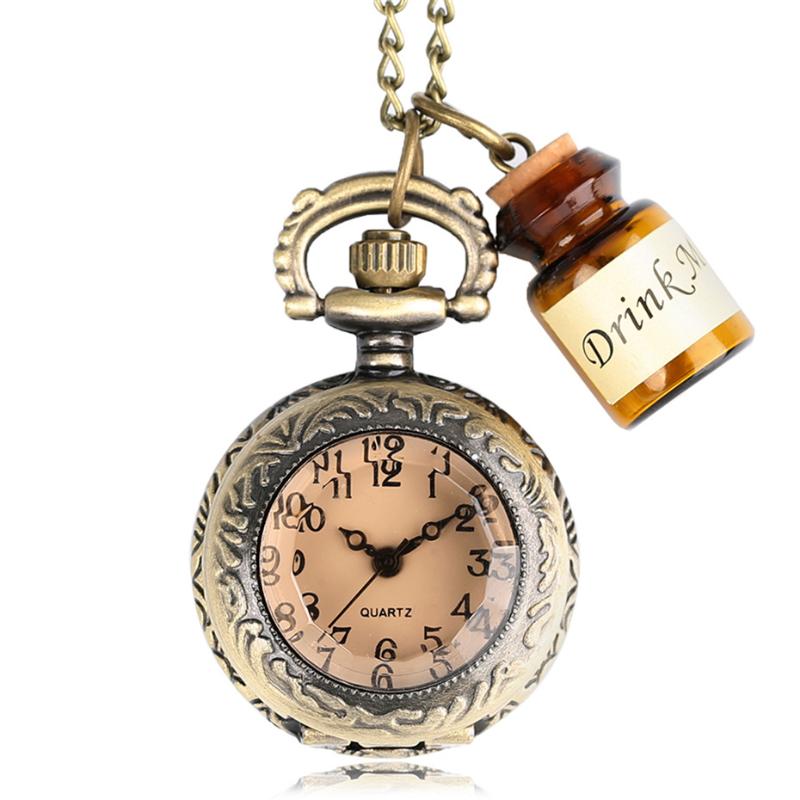 

Pocket Watches Theme Drink Me Bottle Accessory Bronze Pendant Watch Quartz Fob Necklace Chain Small Size