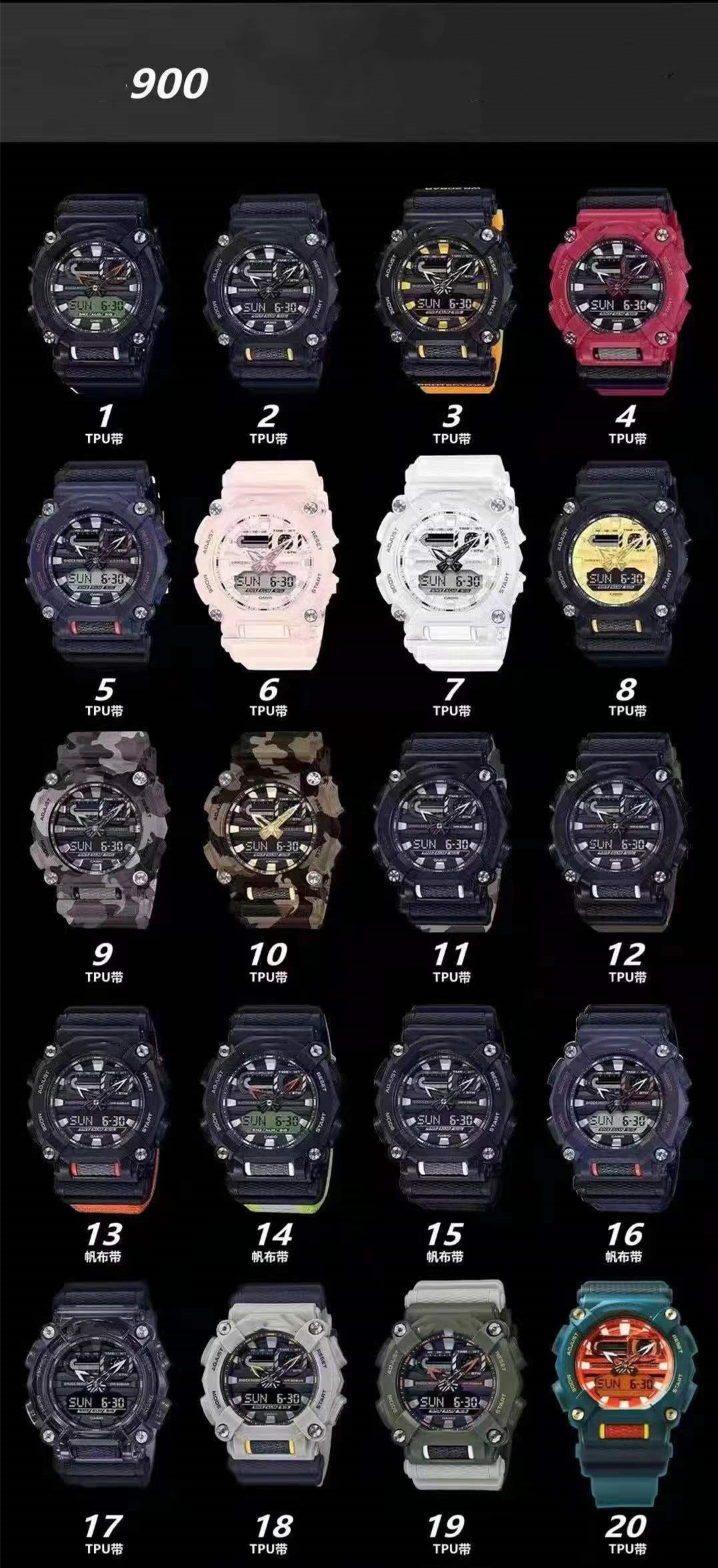 Sports Quartz Digital Men's Watch Iced Out Watch Full Function Automatic Hand Raise Light LED World Time 900 Series