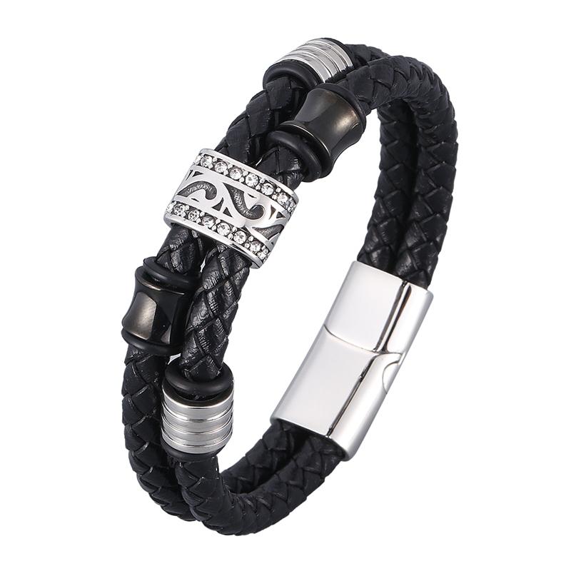 

Charm Bracelets Punk Black Double Genuine Leather Braided Bangles For Men Stainless Steel Vintage Male Wrist Band Hand Jewelry SP0953