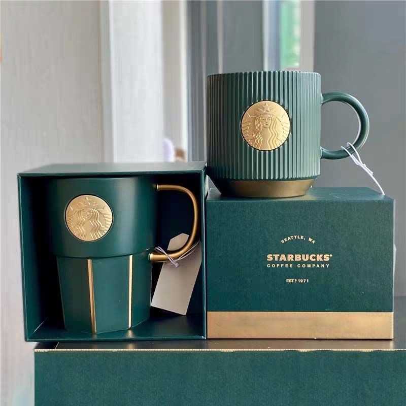 Starbucks cup classic dark green series vertical stripe Mug Mermaid copper chapter with spoon coffee cup ceramic water cup-image-759390462