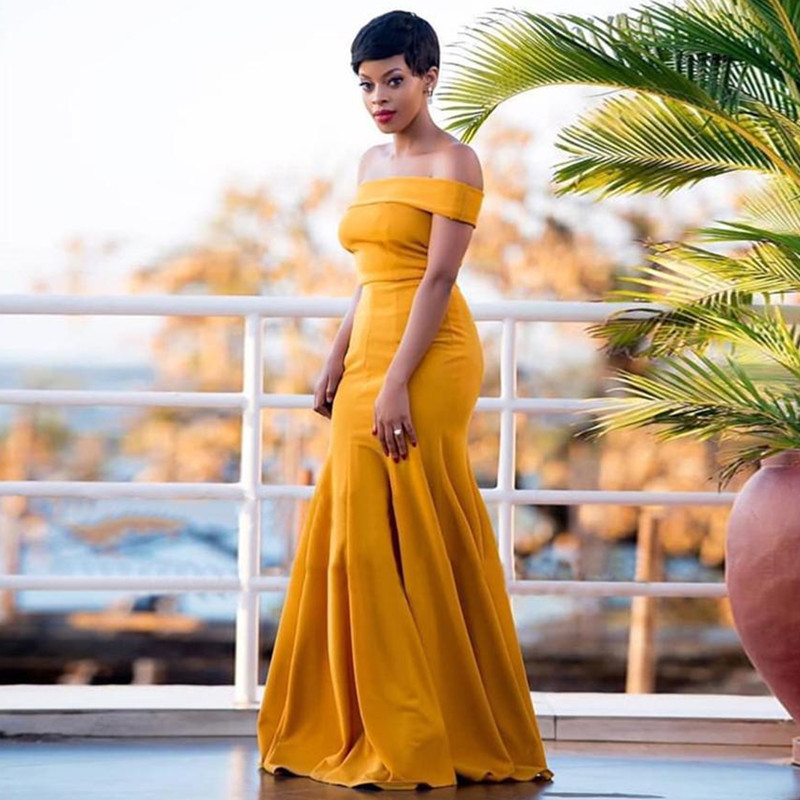 Off Shoulder Boat Neck Prom Dresses 2022 African Yellow Long Mermaid Evening Dress Party For Women Vestido De Fiesta De Boda