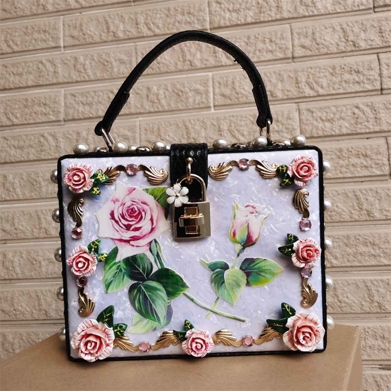 

Fashion Flower Handbags Pearl Box Flap Shoulder Bag Tote Bags 220616, Black
