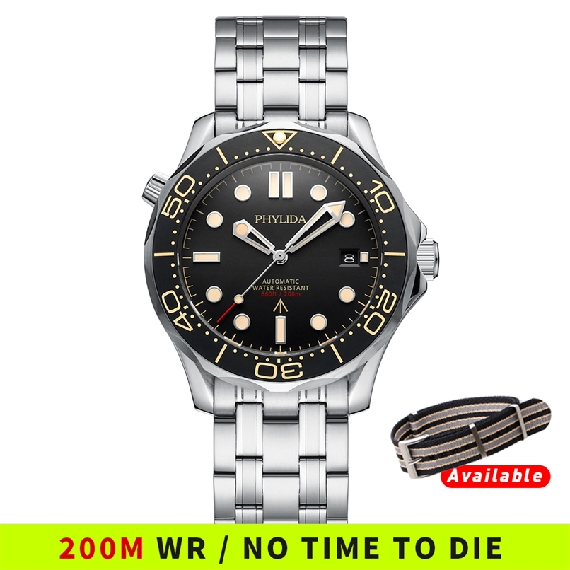 

PHYLIDA Black Dial PT5000 MIYOTA Automatic Watch DIVER 200M 007 NTTD Style Sapphire Crystal Solid Bracelet Waterproof 20Bar 220407, Branded miyota n