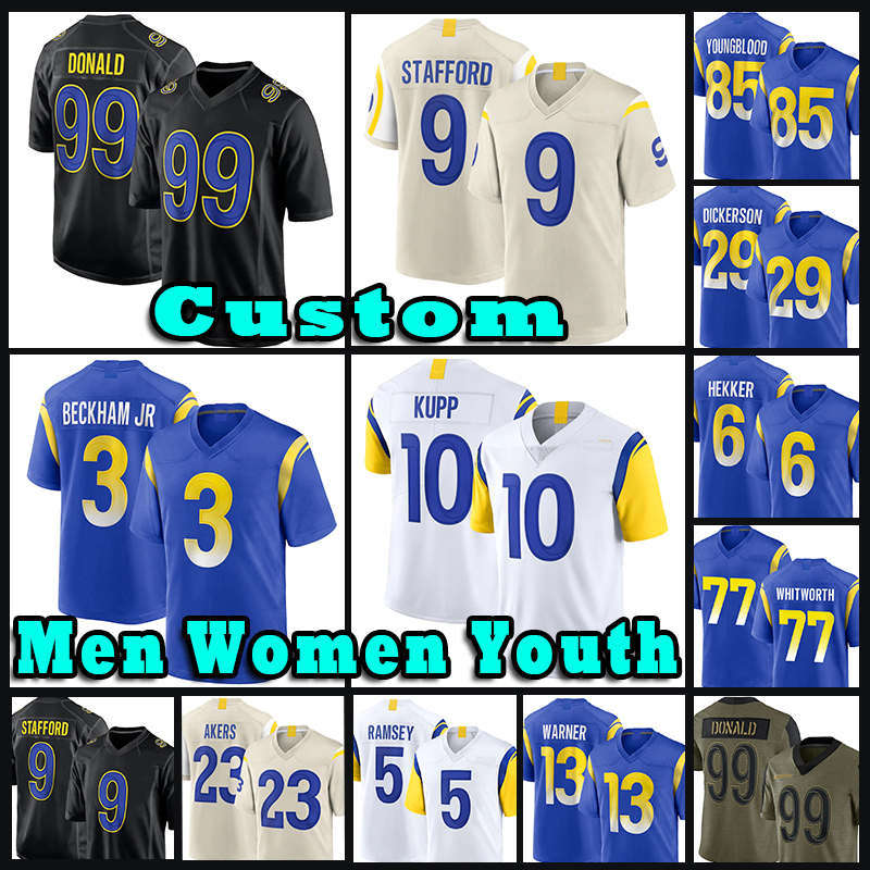 

99 Aaron Donald 9 Matthew Stafford 10 Cooper Kupp Football Jersey 3 Odell Beckham Jr 5 Jalen Ramsey 45 Bobby Wagner Eric Dickerson Cam Akers Jared Goff Andrew Whitworth, Custom men (g y)