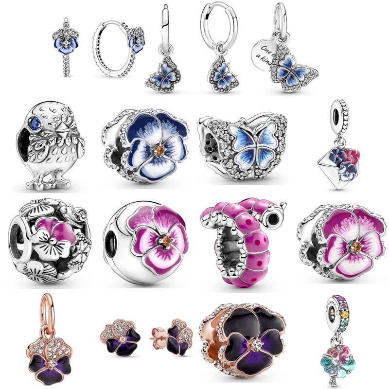 

925 Sterling Silver Dangle Charm Pansy Flower Blue Butterfly Envelope Curled Caterpillar Pendant Beads Bead Fit Pandora Charms Bracelet DIY Jewelry Accessories