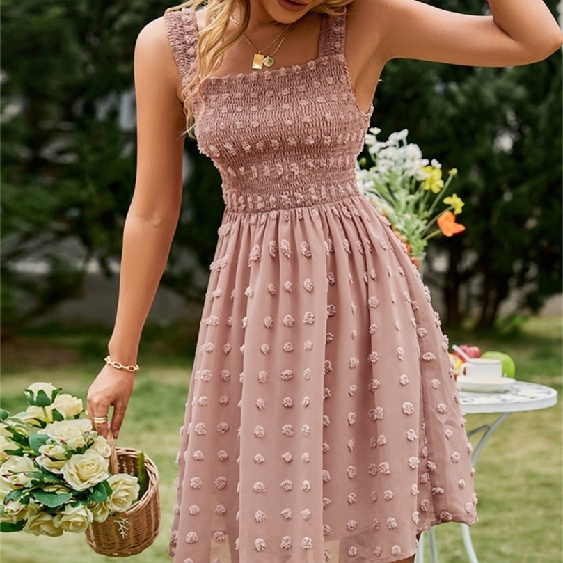 

Smock sleeveless square collar mesh mini dress women Beach holiday tulle sundress pink Fashion a line dot vestidos 220613, As picture