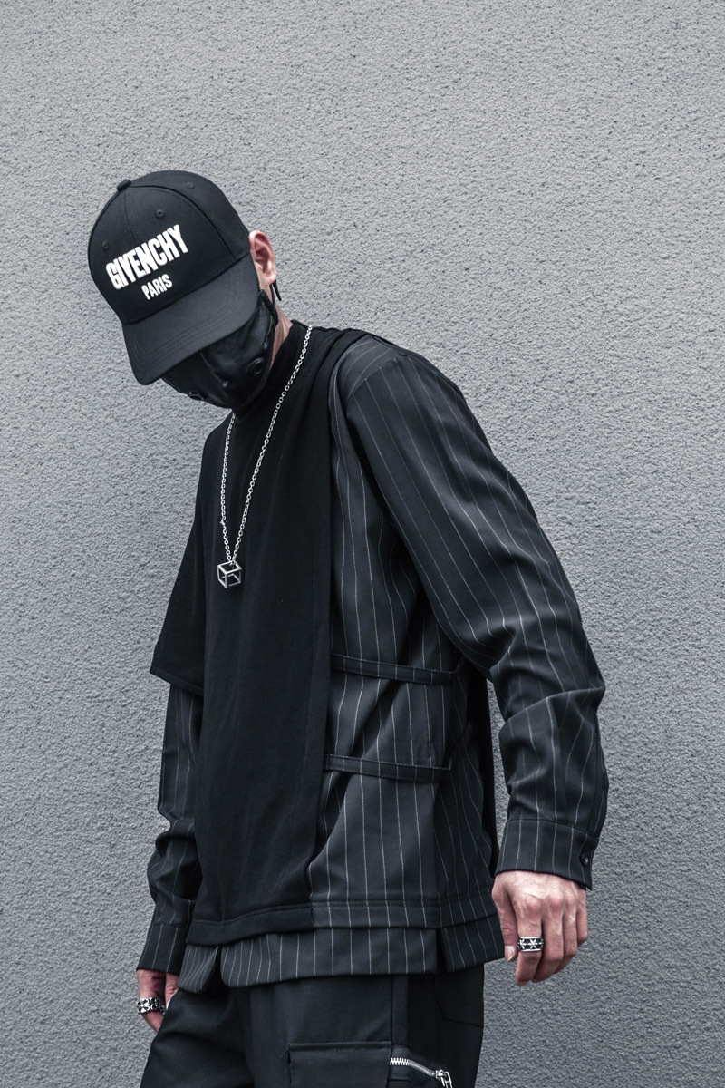 

Long sleeve Men's clothes Harajuku Unisex oversized Irregular stripe splicing winter holiday two shirts stylist half neck Hiphop L220816, Black