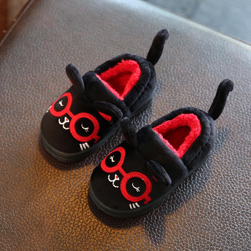 

Slipper Winter Kids Cotton Shoes Boys/Girls Indoor Cartoon Cute Fashion Plush Warm Home Floor Children Baby Velvet, Style 1 black
