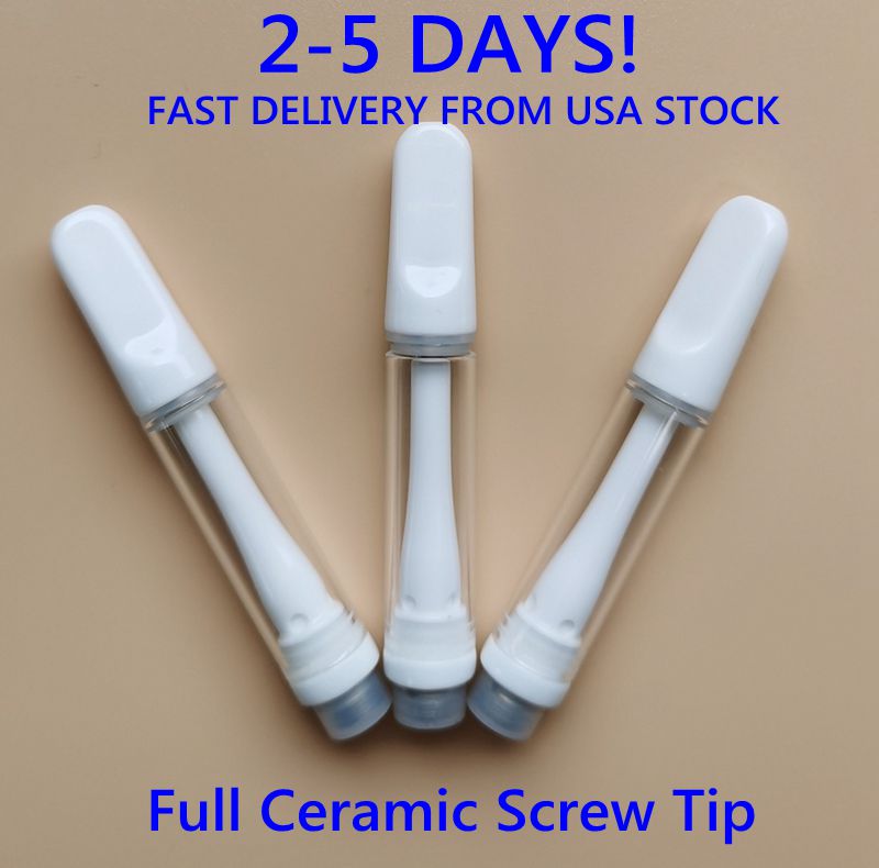 

USA STOCK Full Ceramic Cartridge Thick Oil Atomizer 1.0ml 510 Empty Disposable Vaporizer Pen Screw Tip Cartridge Glass Tank 4 2.0mm Holes D8 400pcs/case