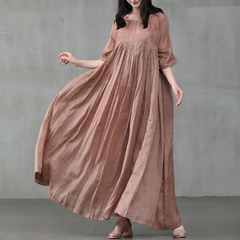 

Casual Dresses Temperament Dress Women' Cotton And Linen Round Neck Pleated Large Swing Skirt Solid Color PulloverCasual, Beige