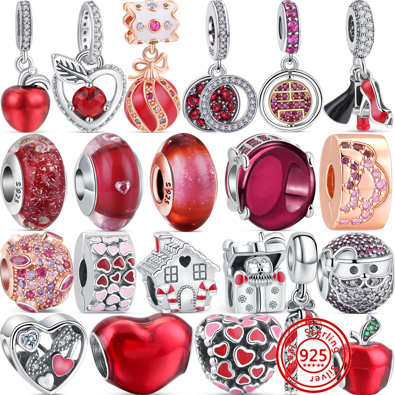 925 Silver Fit Pandora Charm 925 Bracelet Red Zircon Flamingo Apple Peking Opera Doll charms set Pendant DIY Fine Beads Jewelry-image-786036560