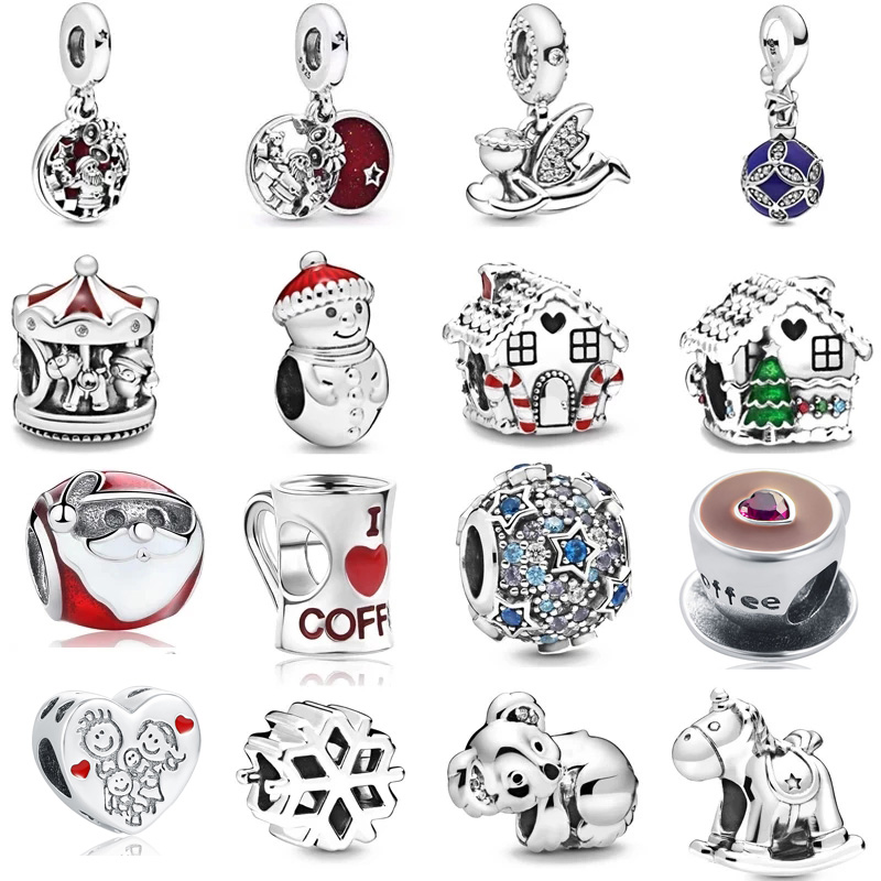 925 Sterling Silver Dangle Charm New Christmas House Snowman Santa Coffe Beads Bead Fit Charms Bracelet DIY Jewelry Accessories