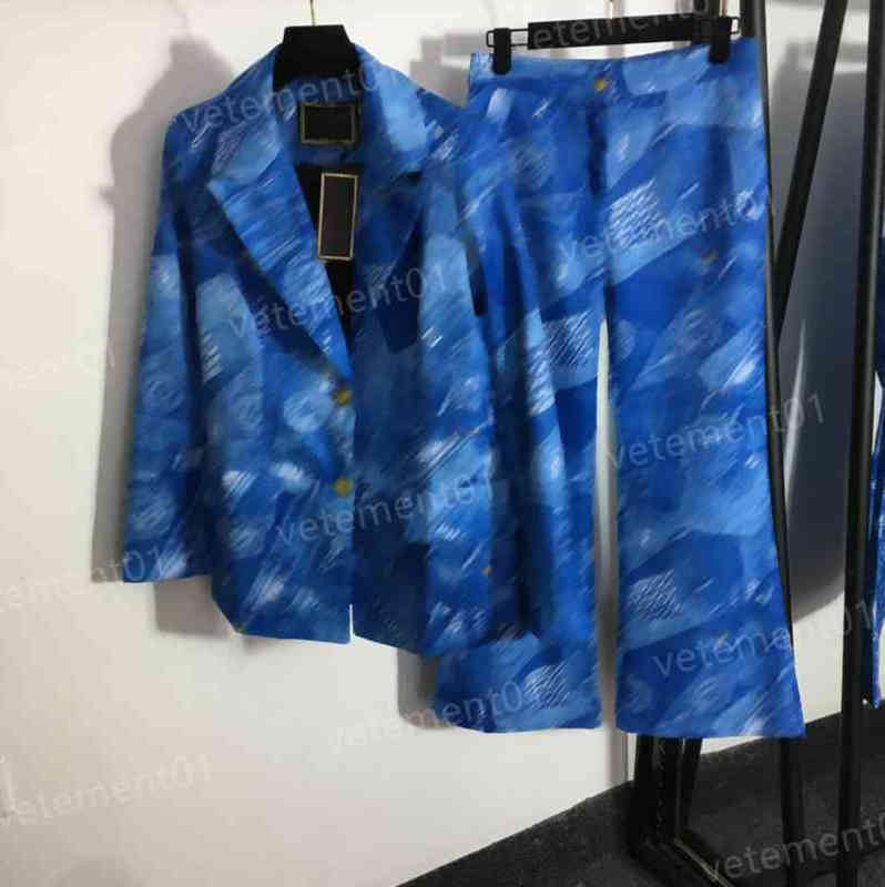 

Womens Two Piece Pants Blue Logo Print Lapel Long-sleeve Blazer And High-wai Designers Clothes