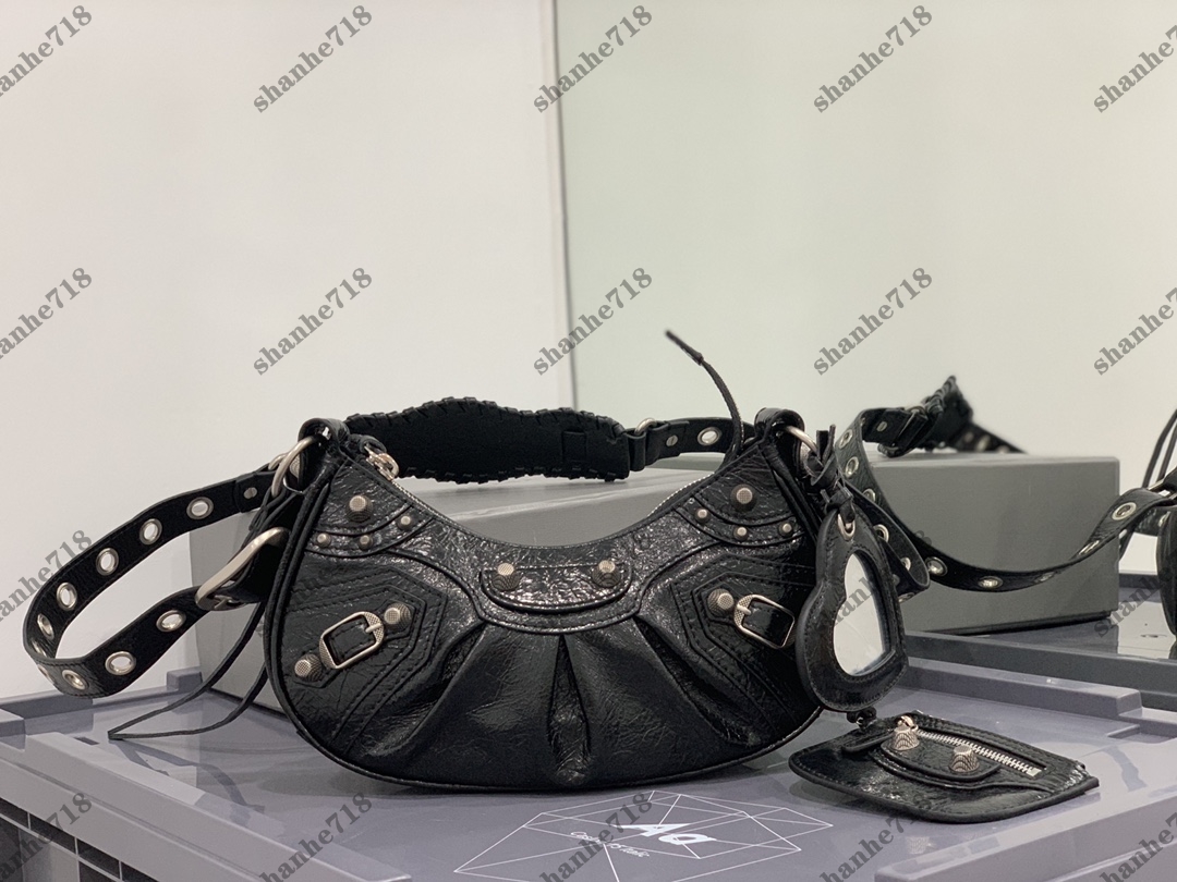 

7A Real Cowhide Le Cagole Designer Rivet Motorcycle Bag Oil Wax Skin Women Shoulder Cross Body Bags Luxury Lady Handbags 2pcs Hobo Purses Clutch Wallet Totes, Add box + dust bag