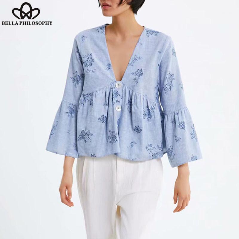 

Women's Blouses & Shirts Wonder Spring V-Neck Loose Blouse Vintage Long Flare Sleeve Female Casual Print Floral Lady Tops 2022