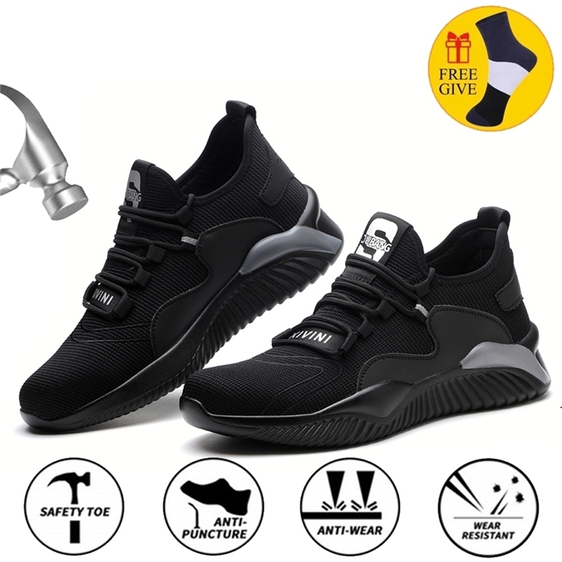 

Summer Indestructible Work Shoes With Men Steel Toe Cap Safety Boots Puncture-Proof Work Sneakers Breathable Causal Safety Shoes 220616, Black