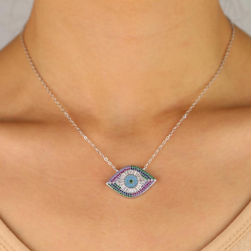 

Chains 2022 Arrived Rainbow Cz Necklace For Women High Quality Cubic Zirconia Eye Pendant Collar Chain