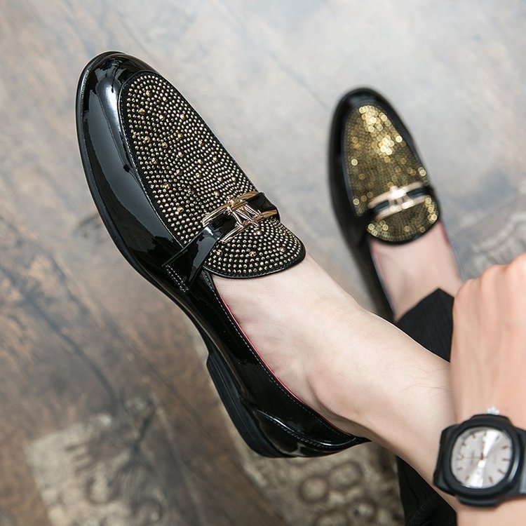 

High quality loafers men shoes PU solid color round toe classic fashion rhinestone metal decoration youth nightclub hair stylist shoes, Black