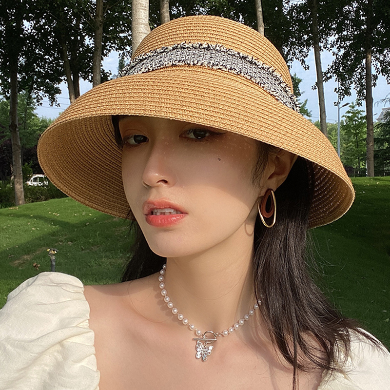

Designer Handmade Women Summer Beige Hat Hepburn Style Small-Edge Fisherman RibbonTemperament Flat Straw UV Cut Foldable Cap, White