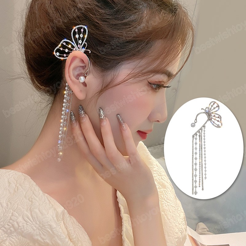 

Shiny Zircon Butterfly Ear Cuff Silver Color Tassel Ear Bone Clip For Women Without Piercing Ear Hanging Earrings Jewelry Gift